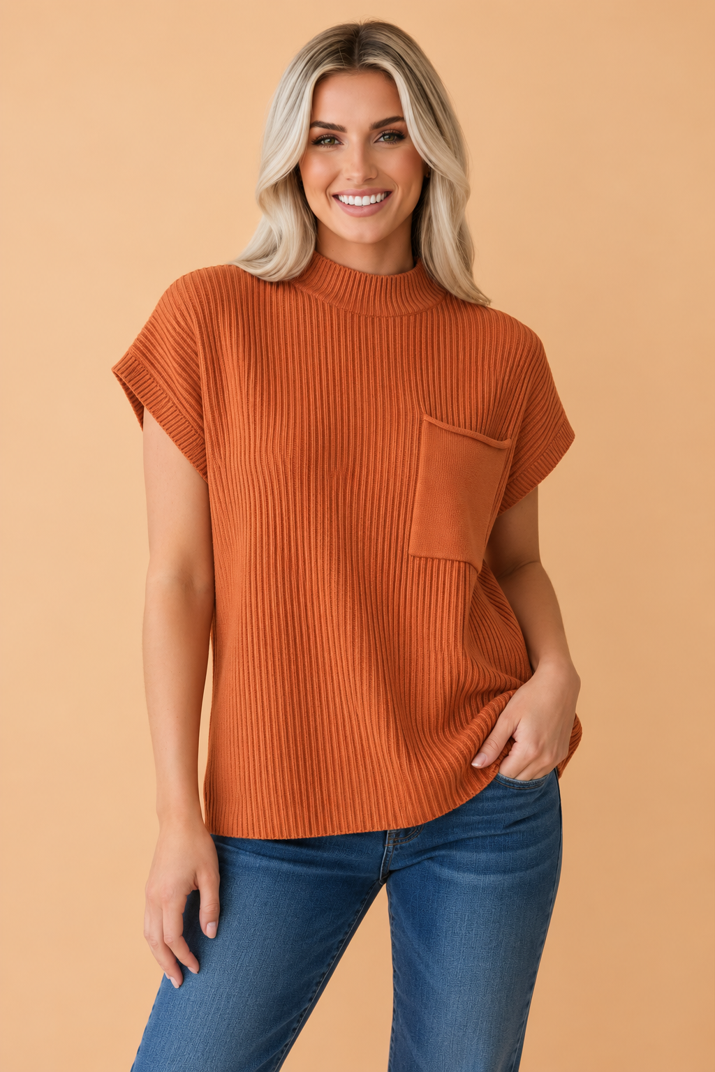Solid Ribbed Knit Patch Pocket Short Sleeve Top