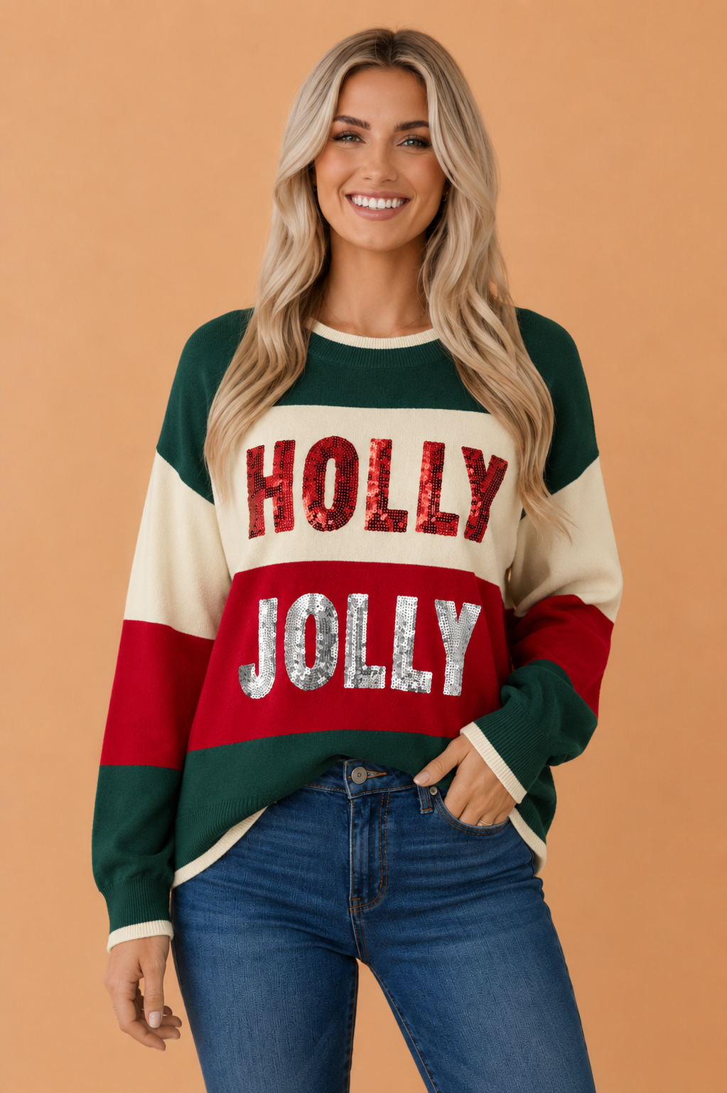 Christmas HOLLY JOLLY Sequin Colorblock Sweater