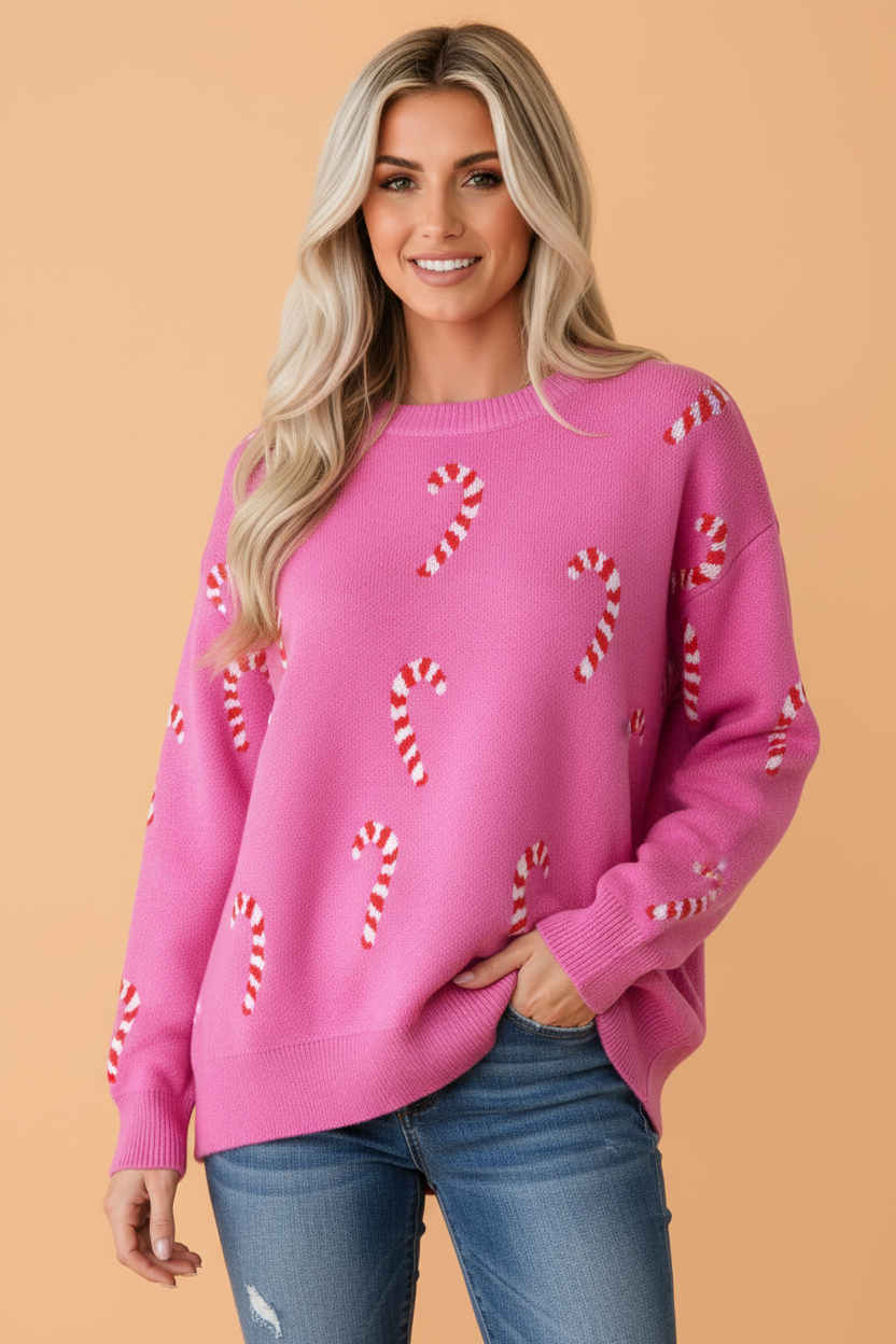 Christmas Candy Cane Drop Shoulder Sweater