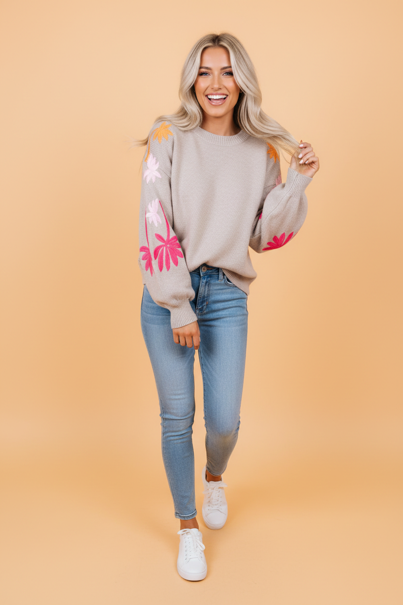 Floral Embroider Sleeve Round Neck Loose Sweater