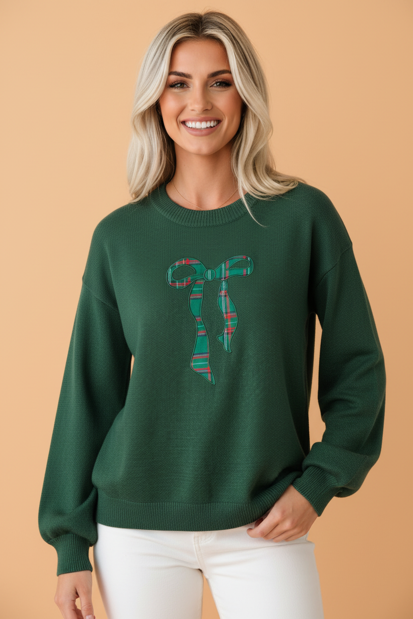 Christmas Plaid Bow Embroidered Tie Back Sweater