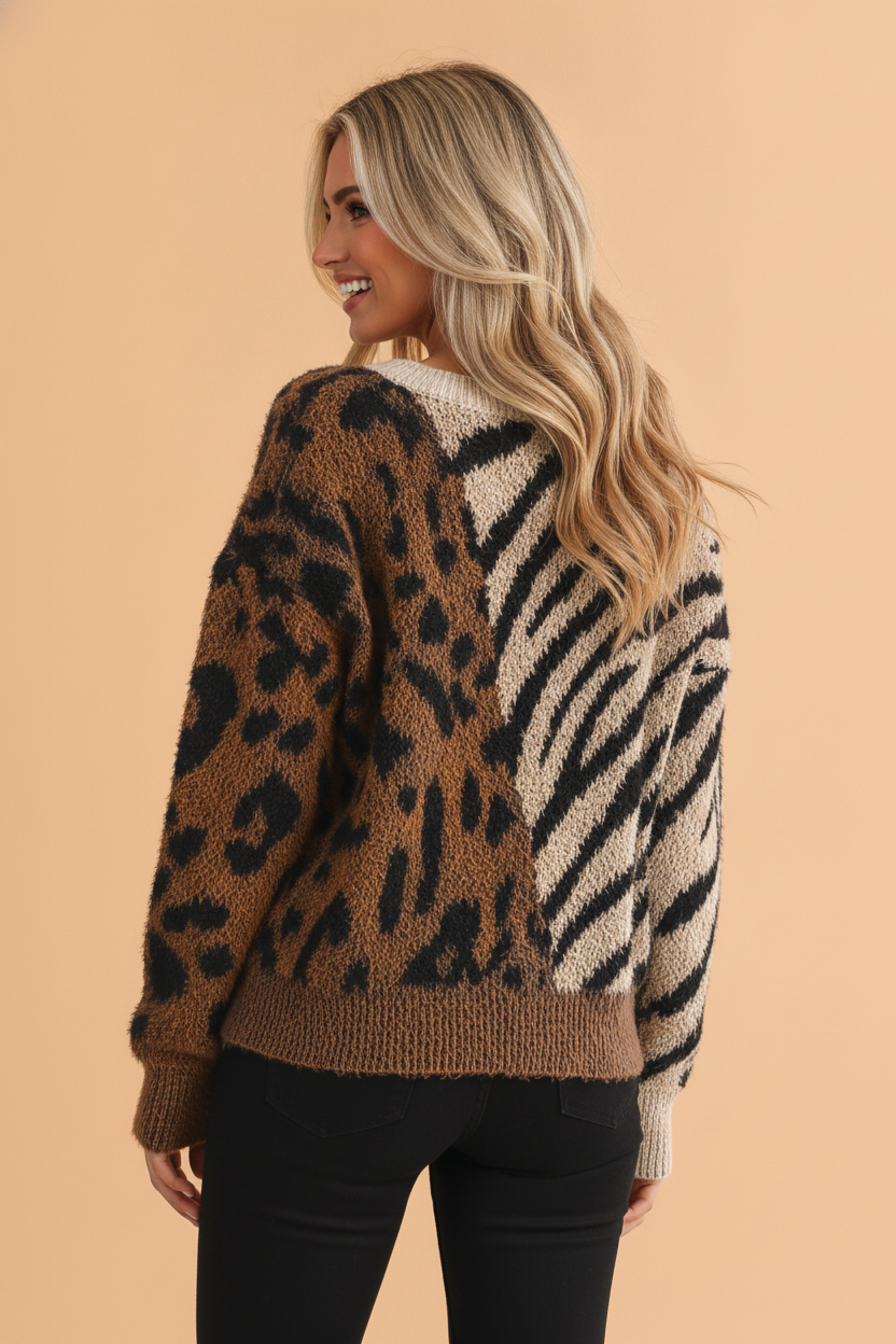 Western Leopard Zebra Patchwork Round Neck Sweater