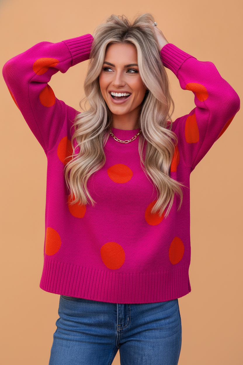 Polka Dot Ribbed Trim Round Neck Sweater
