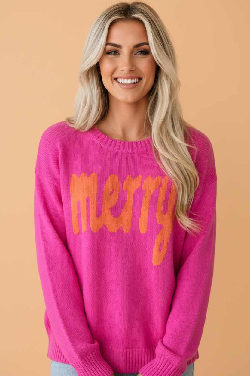 Christmas MERRY Letter Print Ribbed Trim Sweater