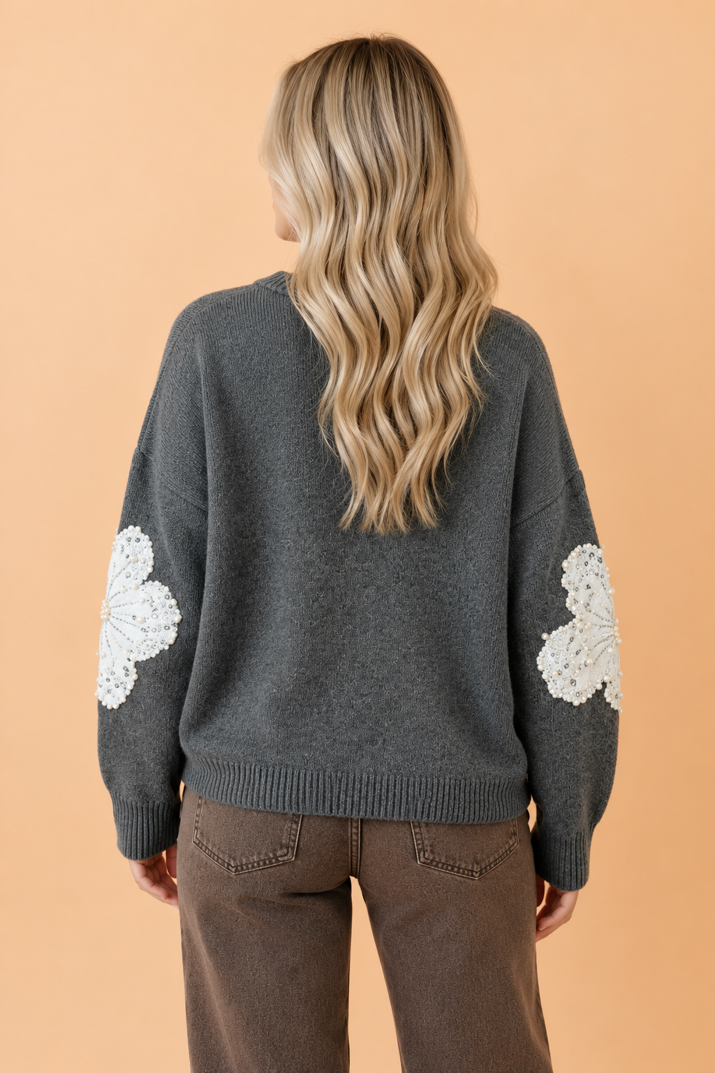 Floral Beaded Ribbed Trim Round Neck Sweater