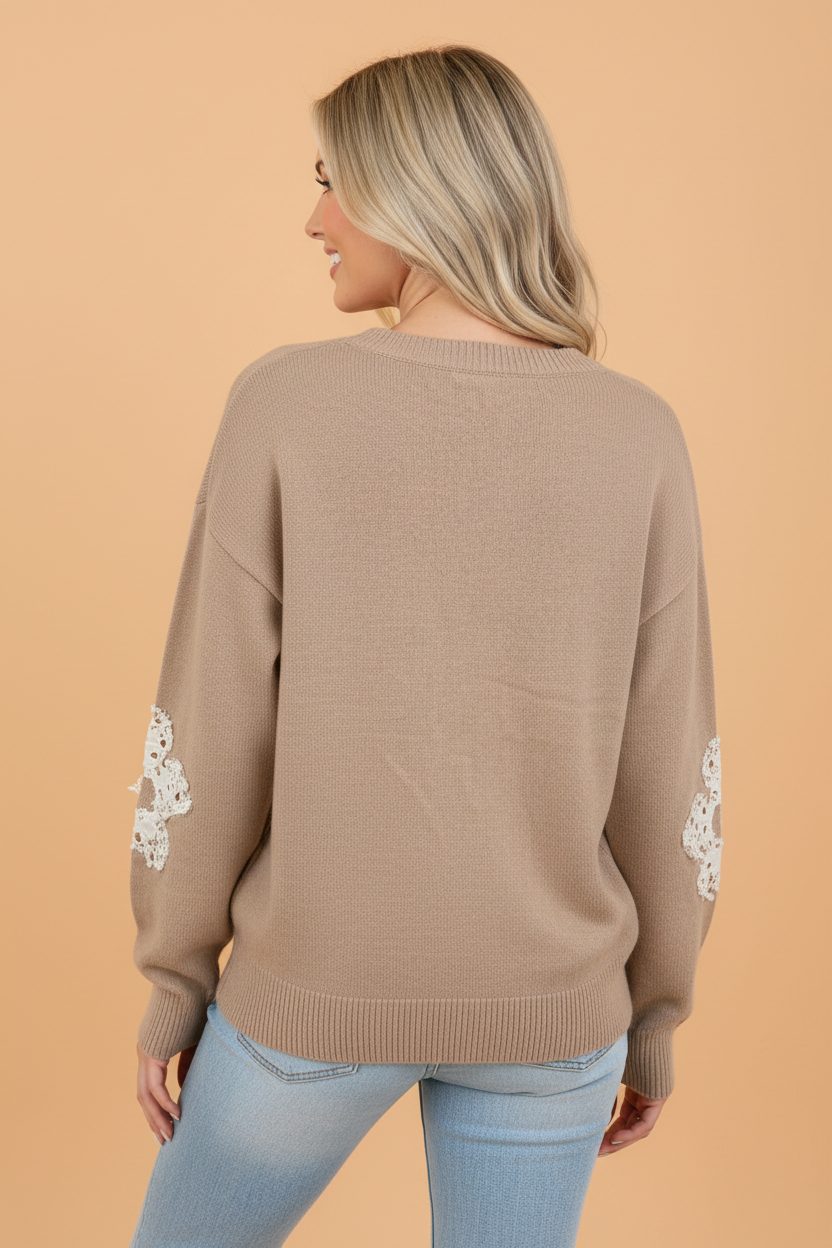 Floral Beaded Ribbed Trim Round Neck Sweater
