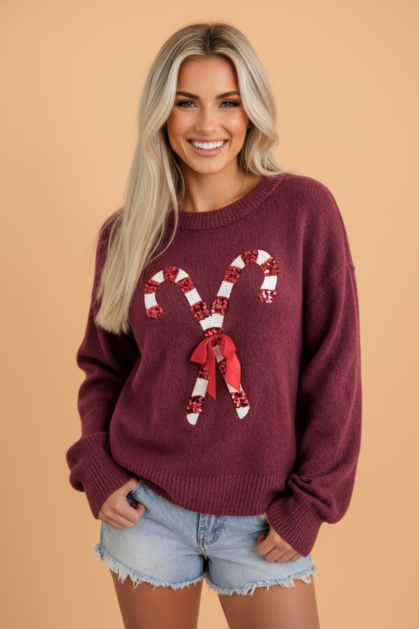 Christmas Candy Cane Sequin Bow Tie Sweater