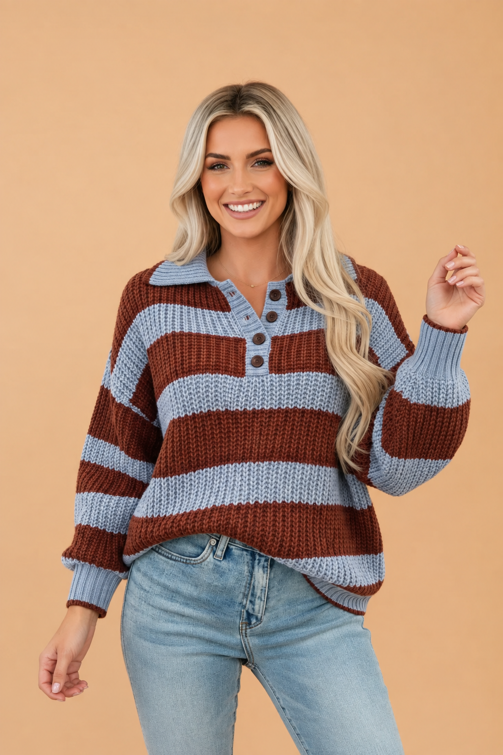 Stripe Buttoned Polo Collar Drop Shoulder Sweater