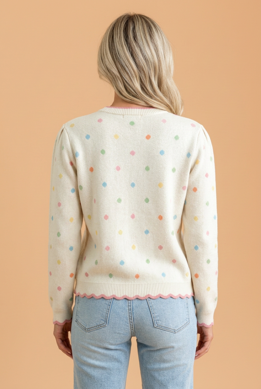 Polka Dot Scallop Trim Long Sleeve Sweater