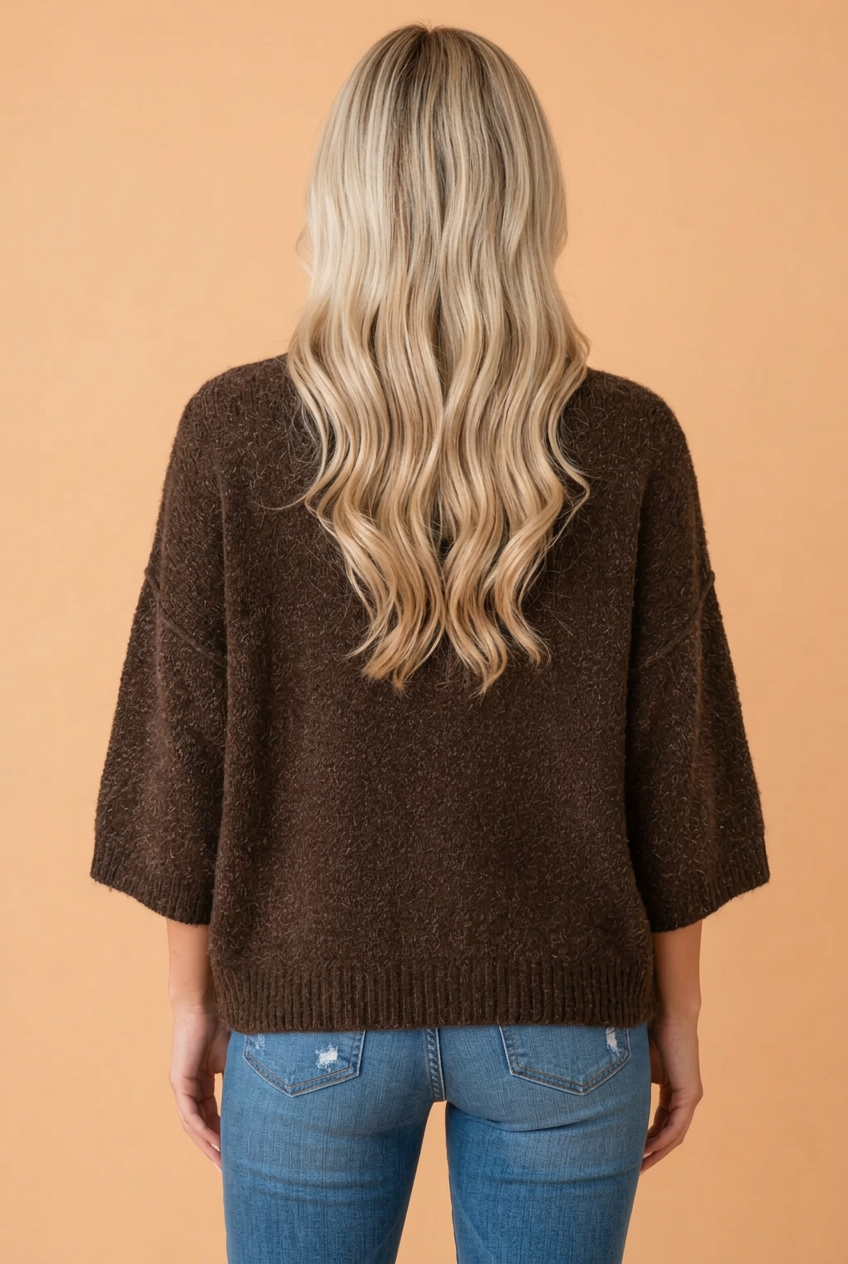 Solid Round Neck 3/4 Sleeve Knit Sweater