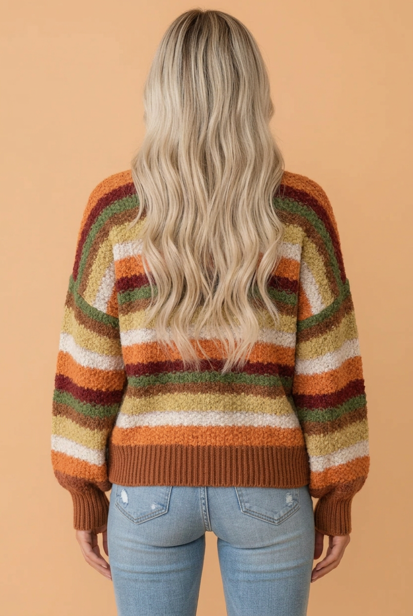 Stripe Chunky Textured Knit Puff Sleeve Sweater