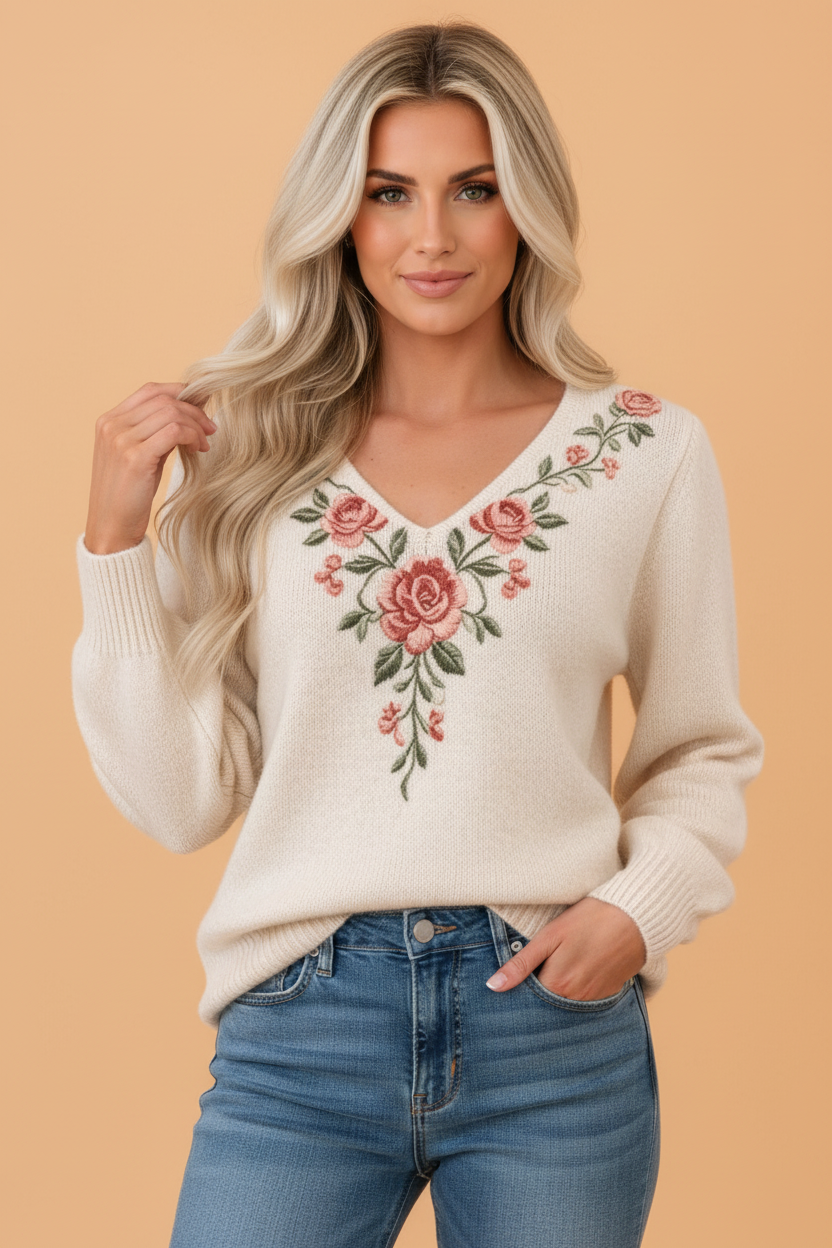 Floral V-Neck Ribbed Trim Long Sleeve Sweater