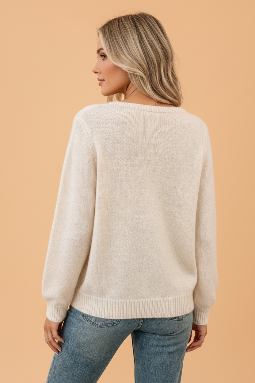 Floral V-Neck Ribbed Trim Long Sleeve Sweater