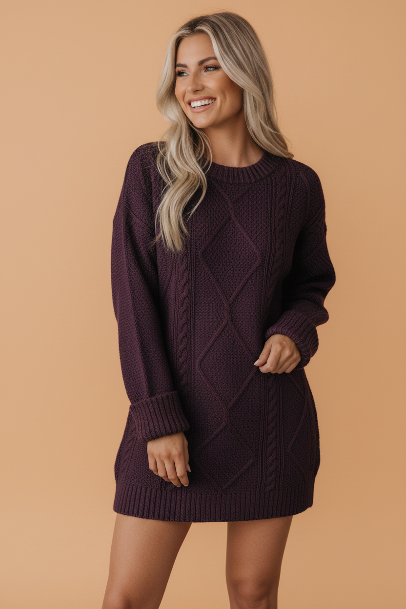 Solid Cable Knit Drop Shoulder Sweater Dress