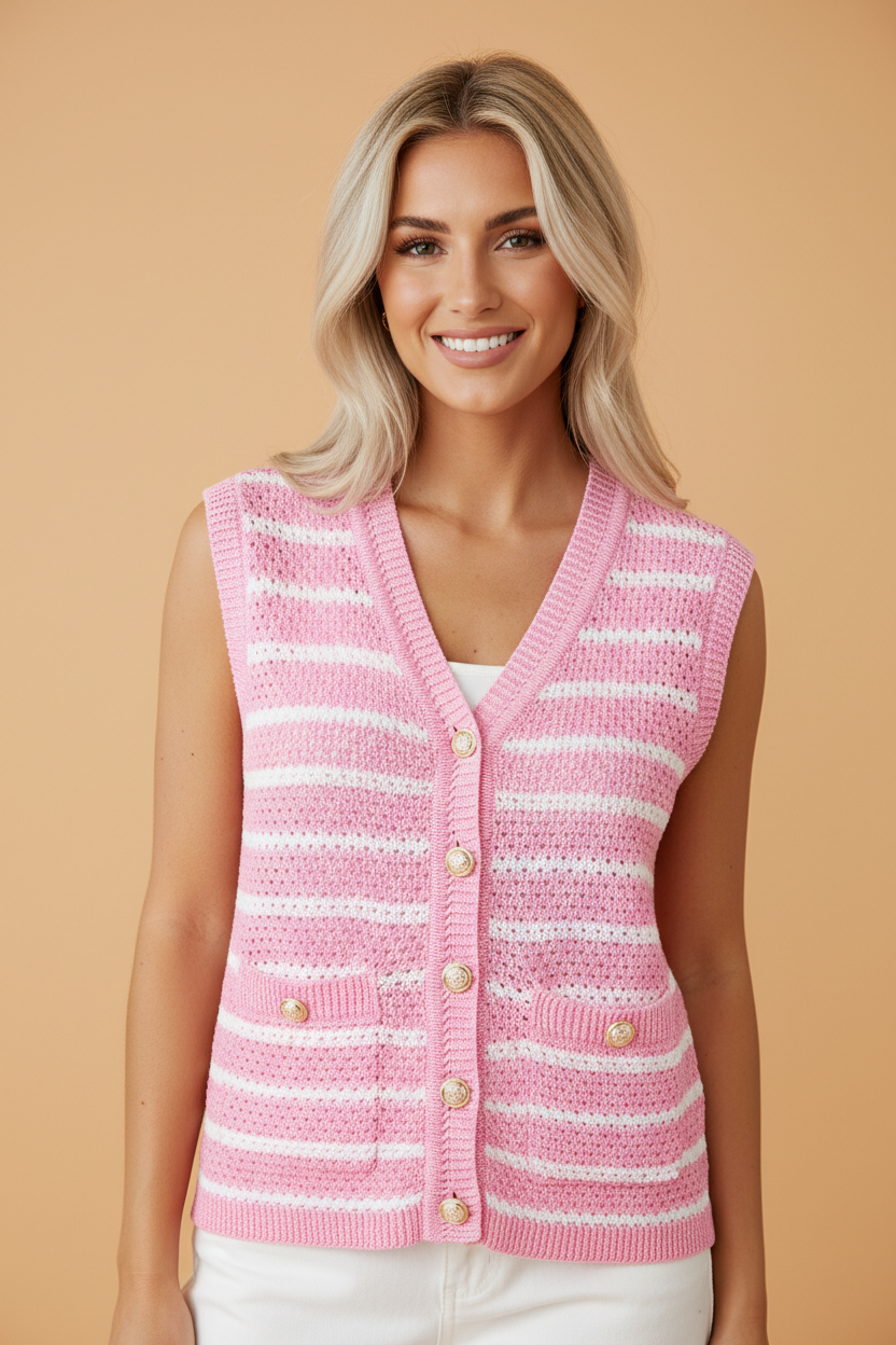 Stripe V-Neck Gold Button Sweater Top