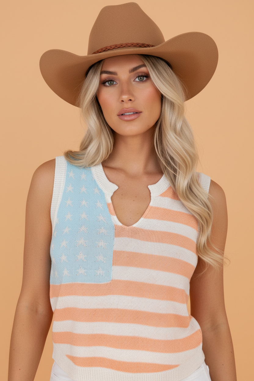 USA Flag Notch-Neck Sweater Top