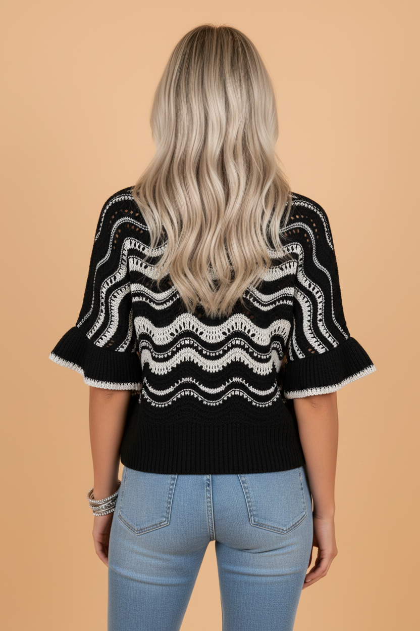 Wavy Stripe Ruffle 3/4 Sleeve Crochet Sweater