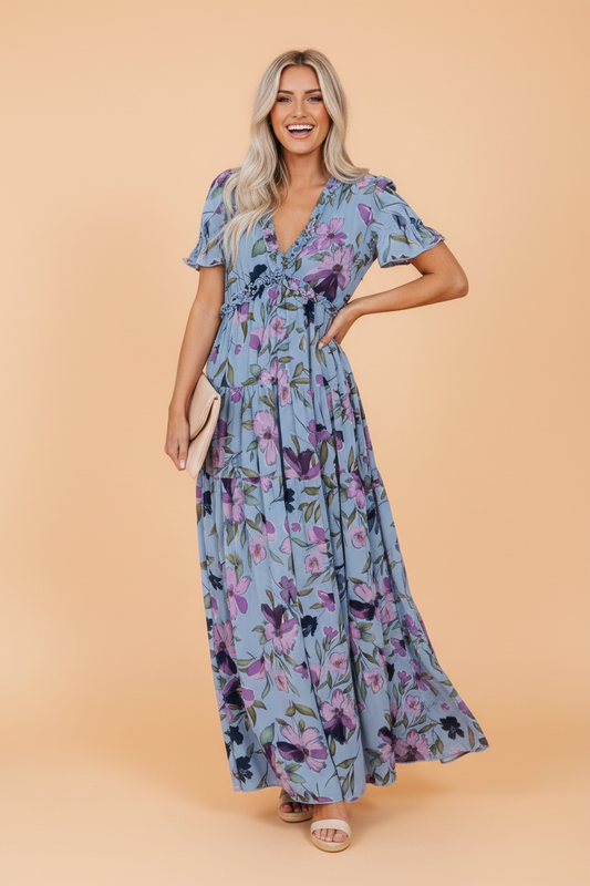 Floral Fiery Frilled V-Neck Short Sleeve Dress