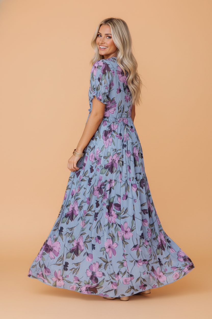 Floral Fiery Frilled V-Neck Short Sleeve Dress