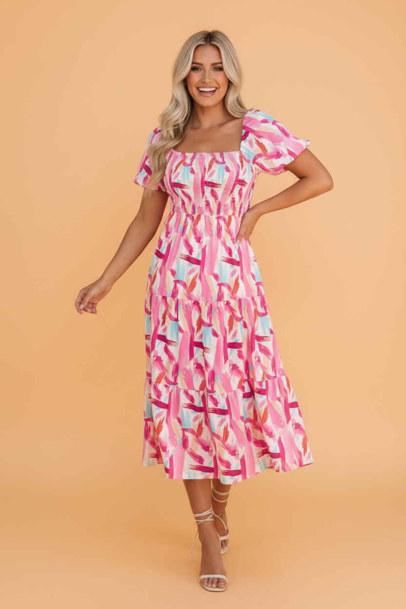 Brush Stroke Smocked Ruffle Tiered Dress