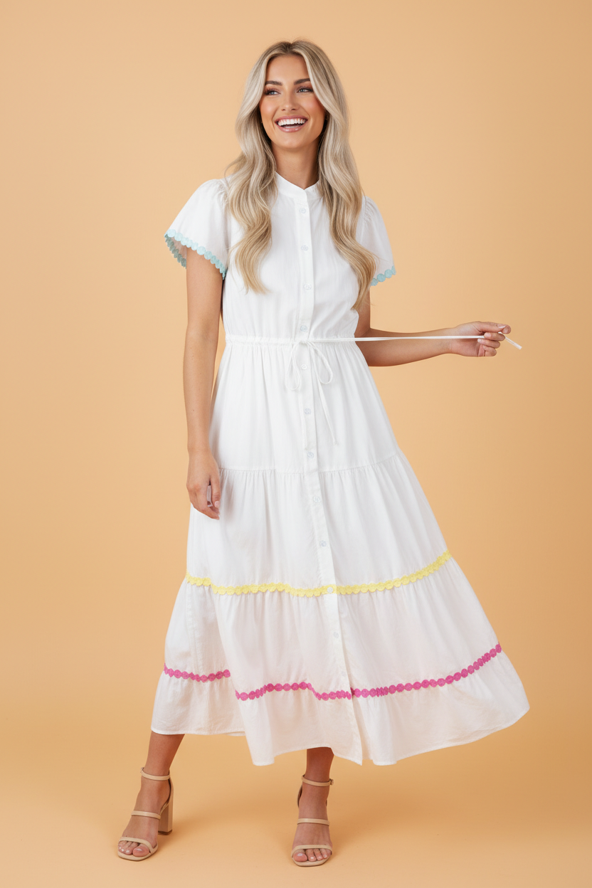 Colorblock Rickrack Trim Drawstring Waist Dress