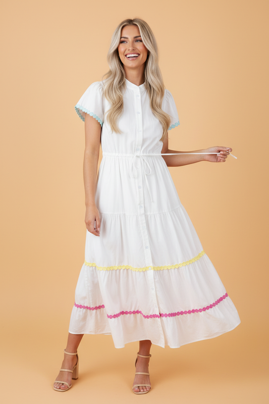 Colorblock Rickrack Trim Drawstring Waist Dress