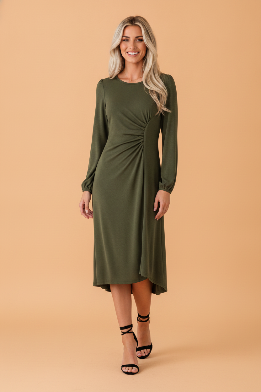 Solid Ruched Long Puff Sleeve Midi Dress