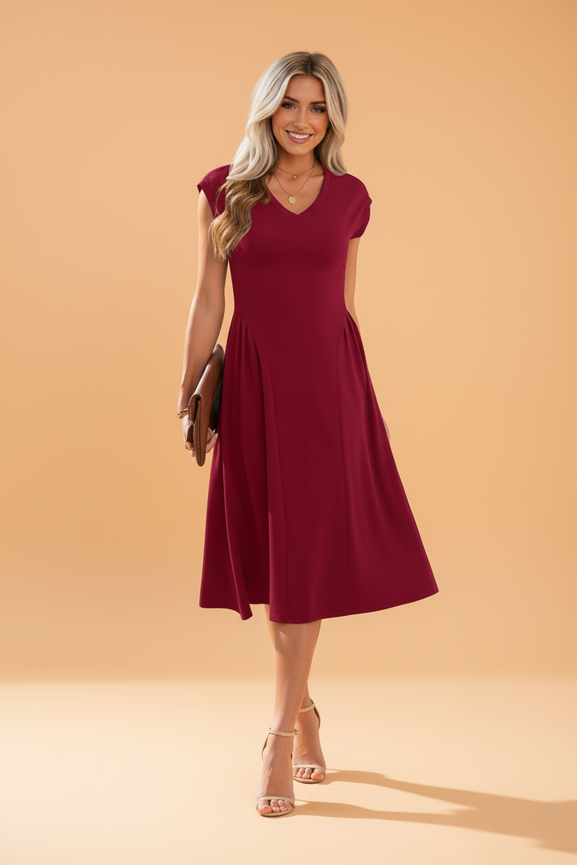 Dahlia V-Neck Pleated Flared Midi Dress