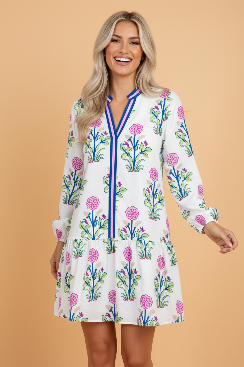 Floral Contrast Stripe Trim Notch Neck Dress