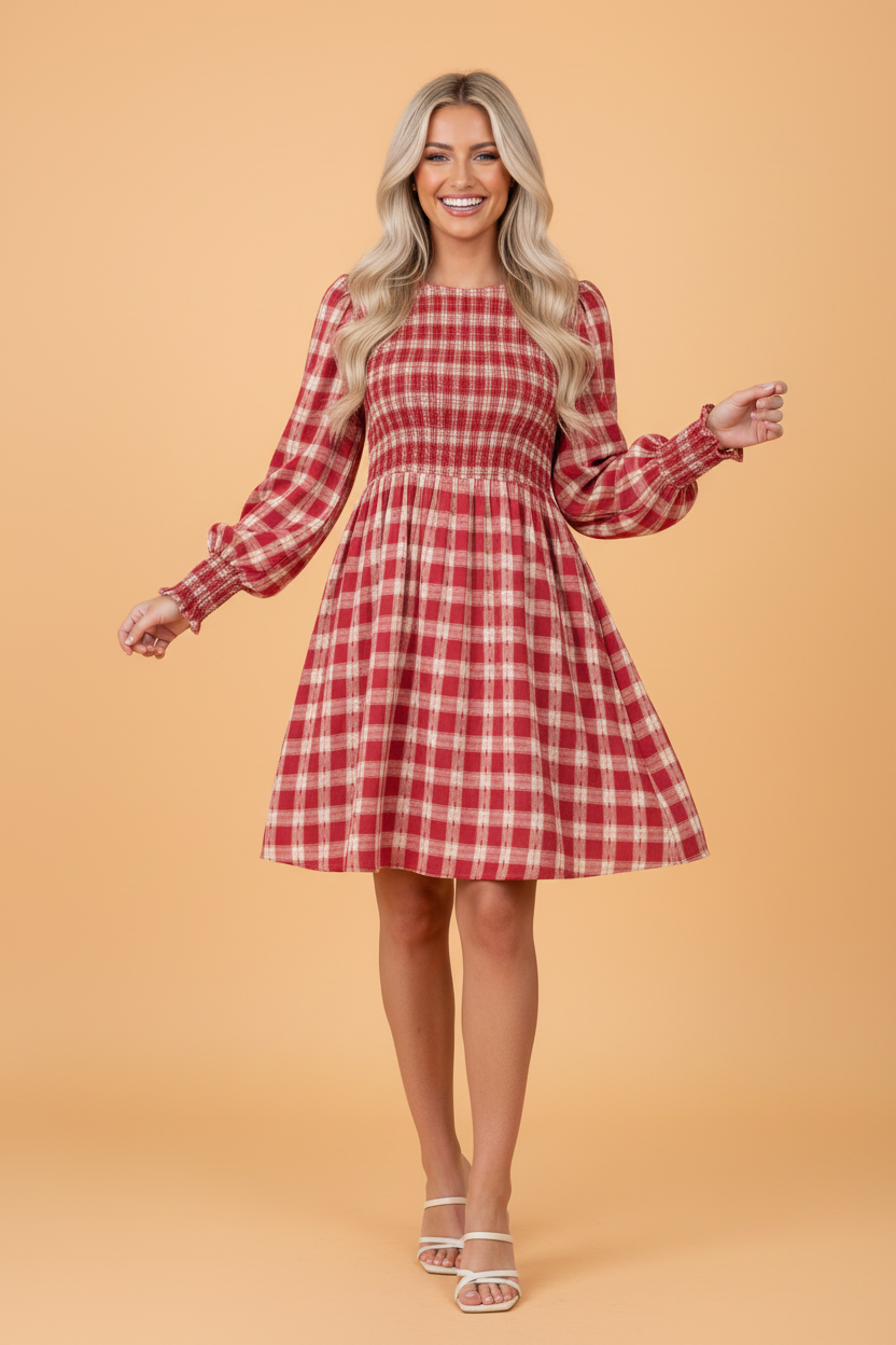 Gingham Plaid Smocked Puff Sleeve Mini Dress