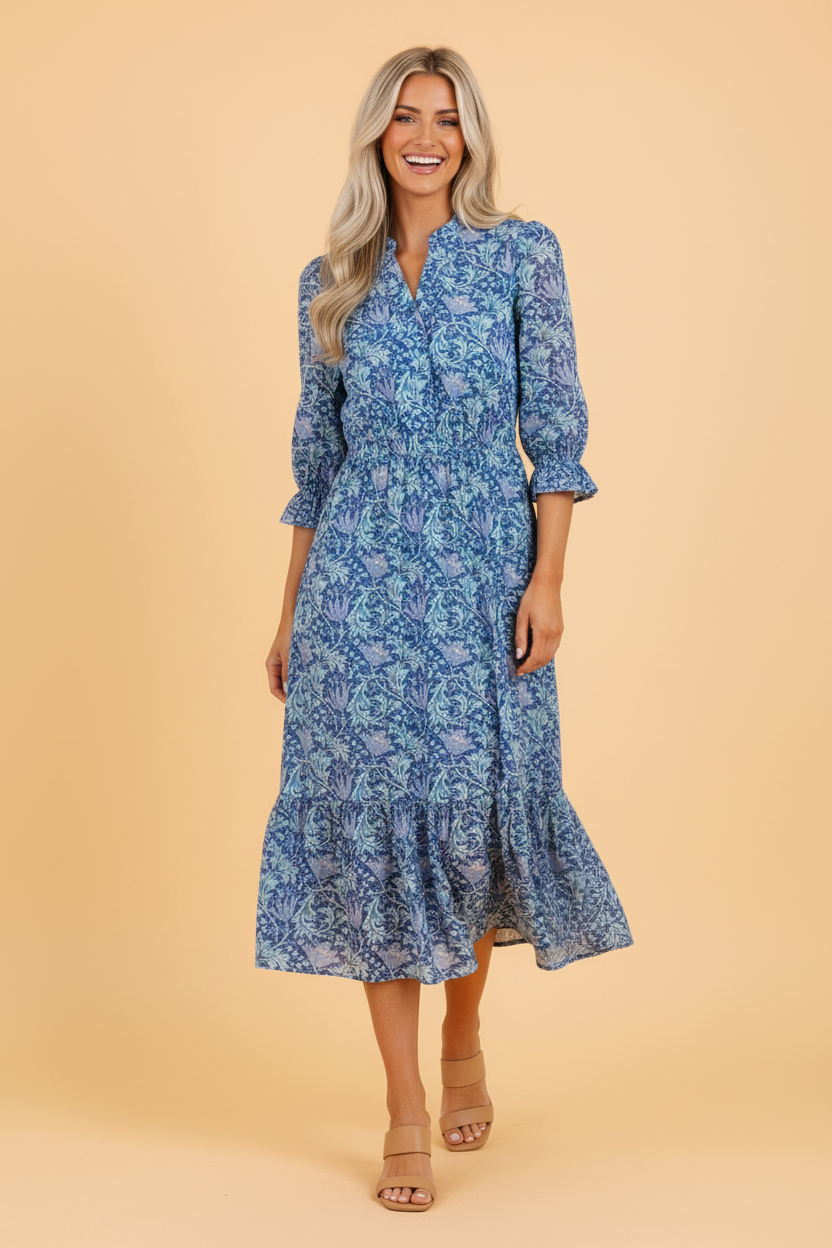 Floral Frilled V-Neck 3/4 Sleeve Midi Dress