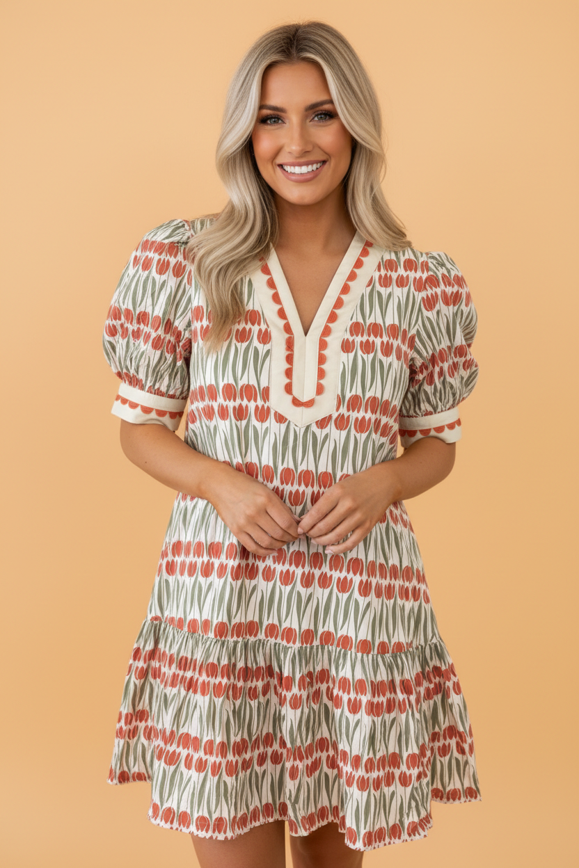 Floral Tulip Cotton Puff Short-Sleeve Mini Dress