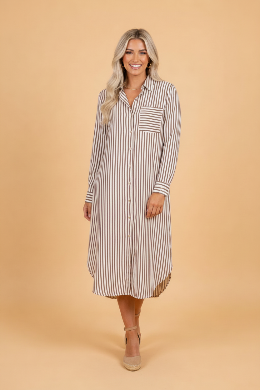 Stripe Textured 3/4 Sleeve Split Hem Midi Dress