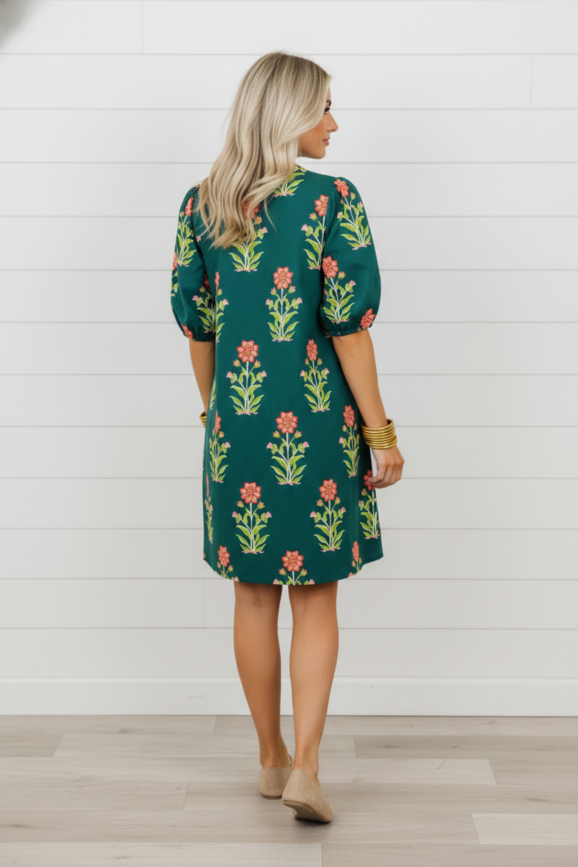 Floral Contrast Trim Stripe Patchwork Short Sleeve Dress