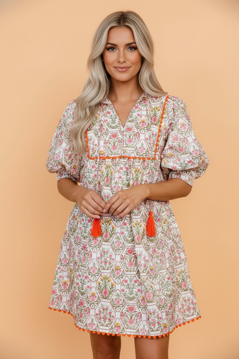 Floral Tassel Tie V-Neck Scallop Loose Mini Dress