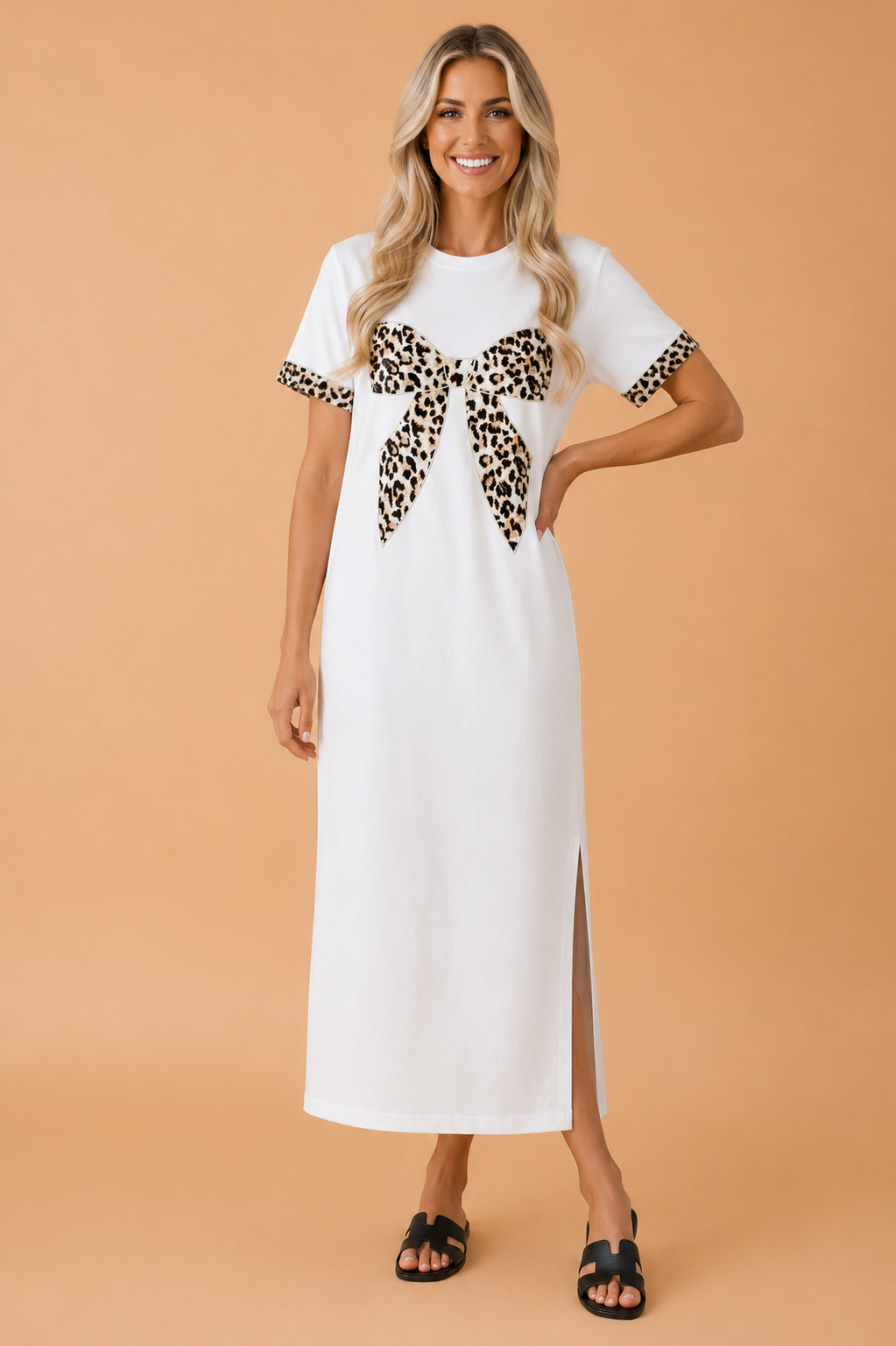 Leopard Bow Patched Short Sleeve T-Shirt Long Dress