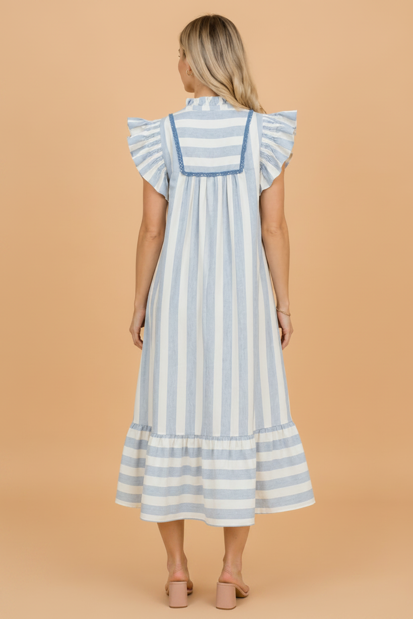 Stripe Lace Trim V-Neck Ruffle Midi Dress