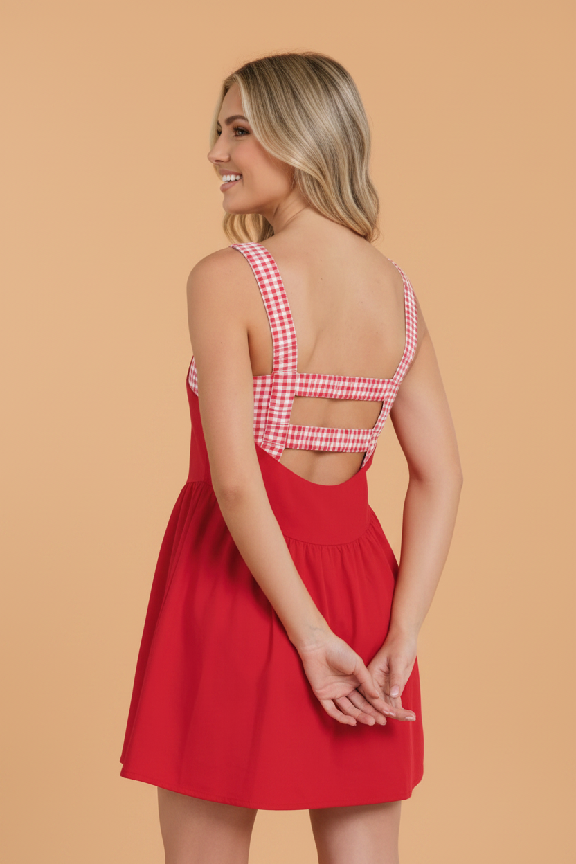 Gingham Patchwork Faux Two Piece Mini Dress