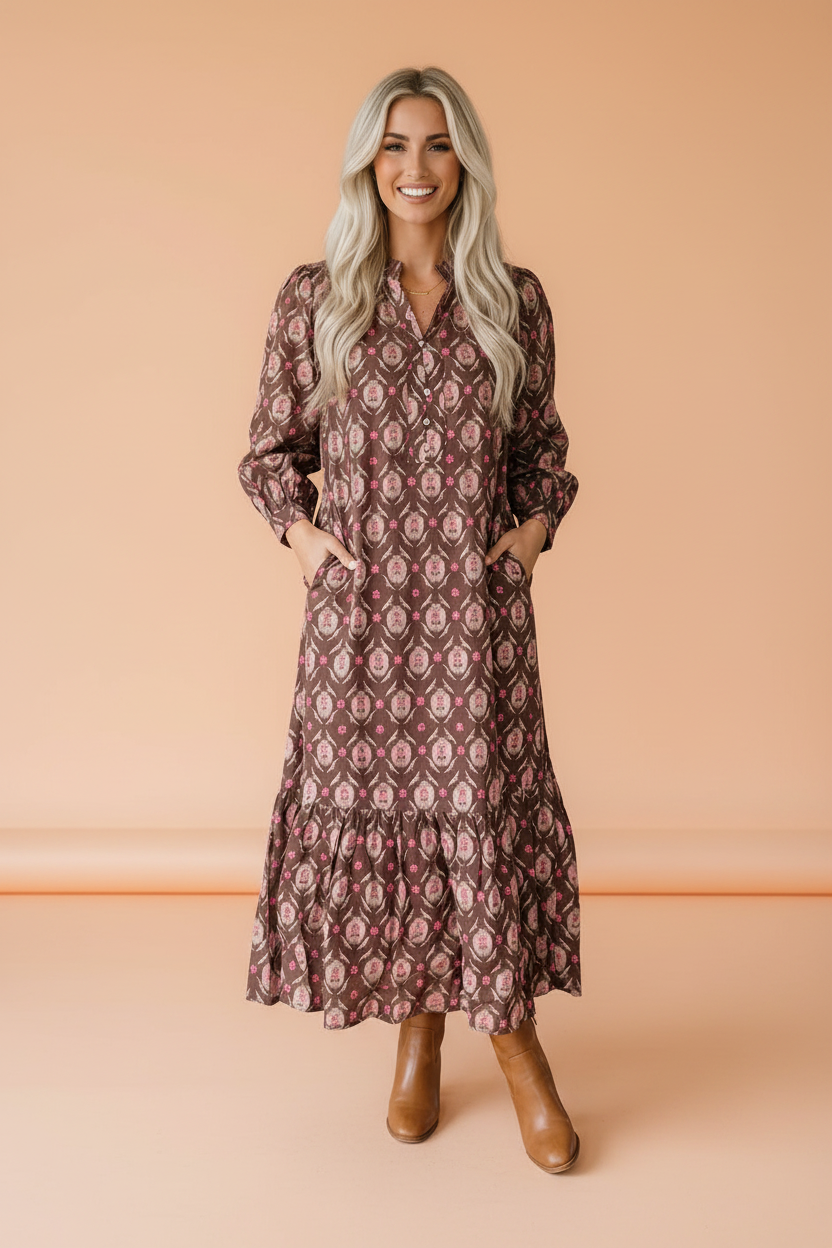 Floral Button Front Ruffle Hem Midi Dress