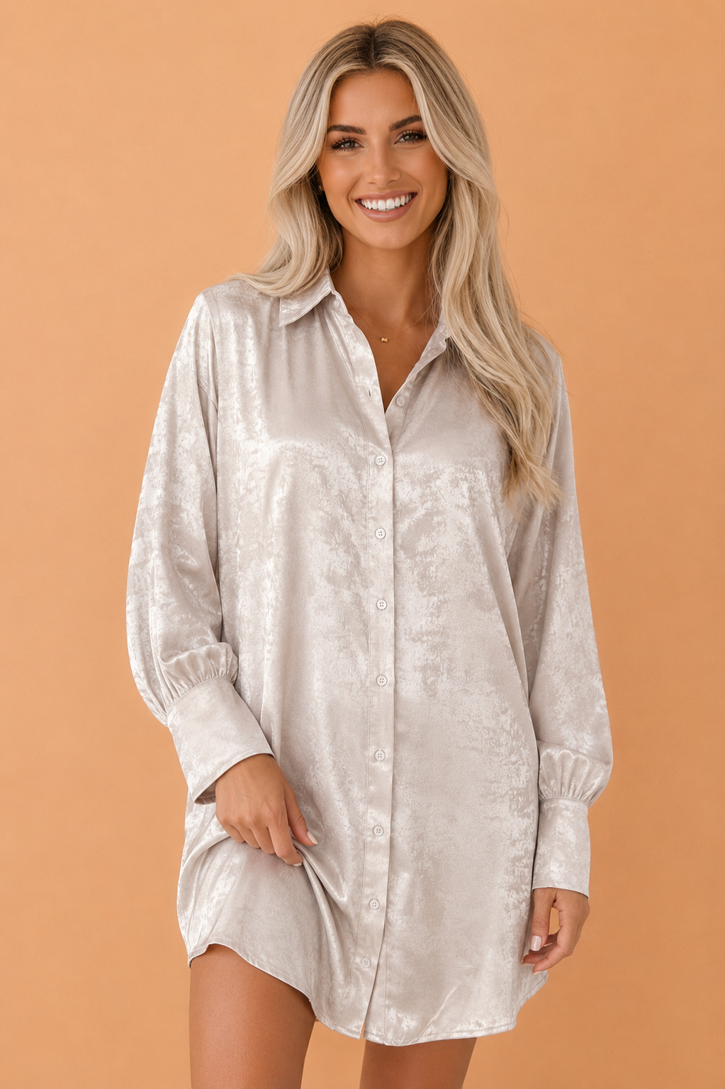 long sleeve metallic mini dress Solid Collared – The Whistling Dixes Comes in 2 colorsSize Color:Jute/Egret MATERIAL:Poly Crepe The Inspiration Cream Floral