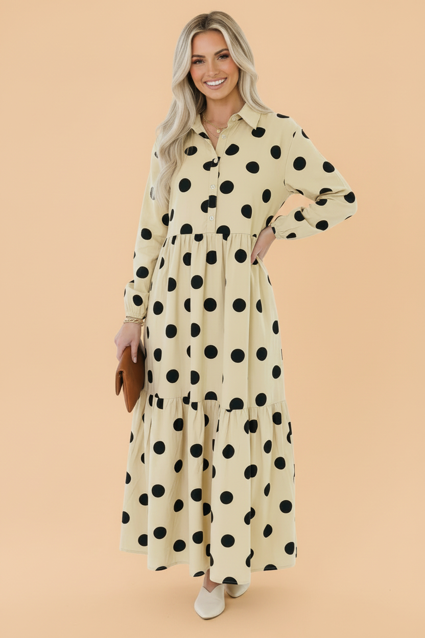 Polka Dot Button Front Long Sleeve Midi Dress