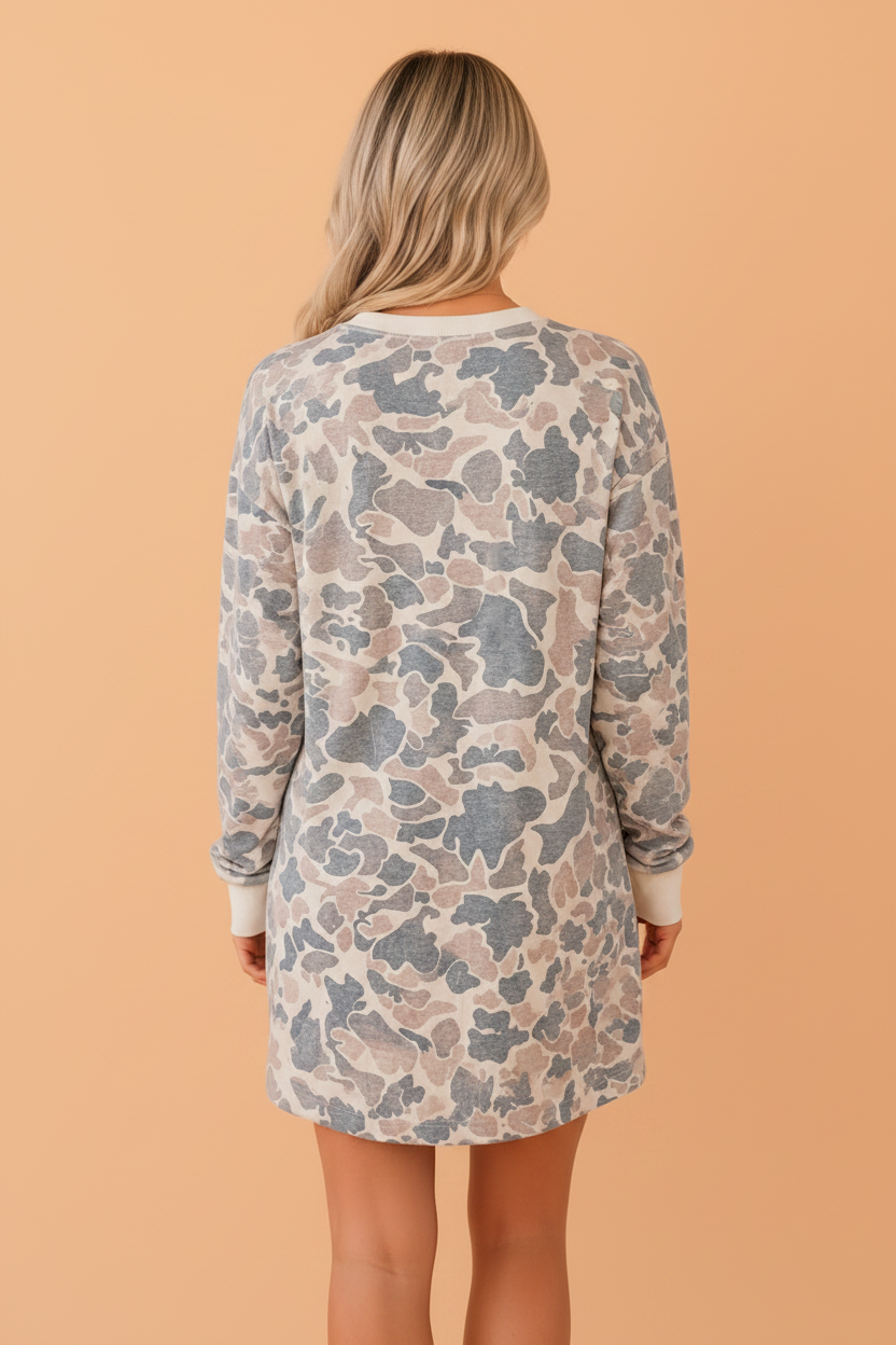 Camo Chest Pocket Long Sleeve Mini Dress