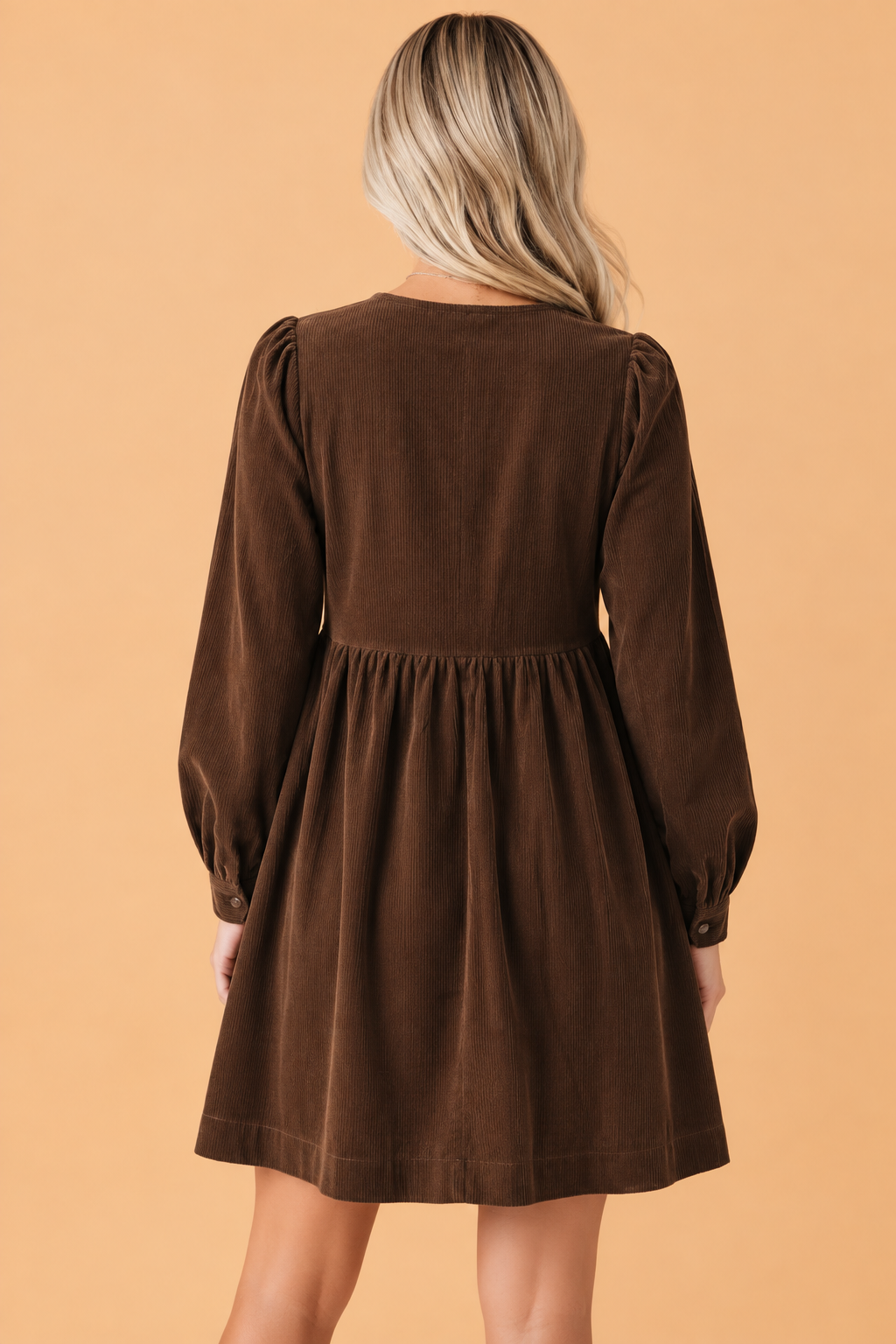 Bow Tie Front Corduroy Long Sleeve Mini Dress