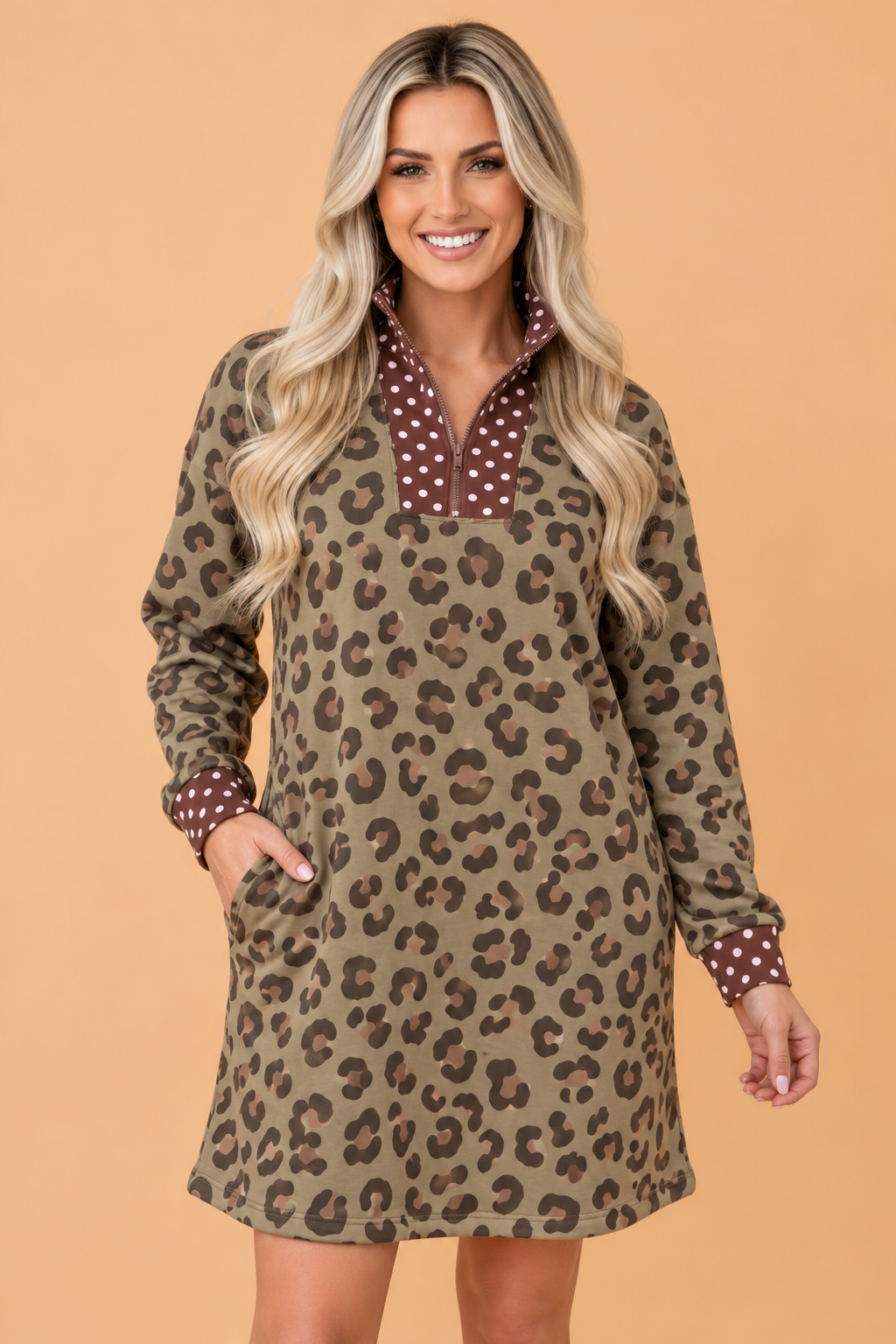 Leopard Polka Dot Patchwork Long Sleeve Mini Dress