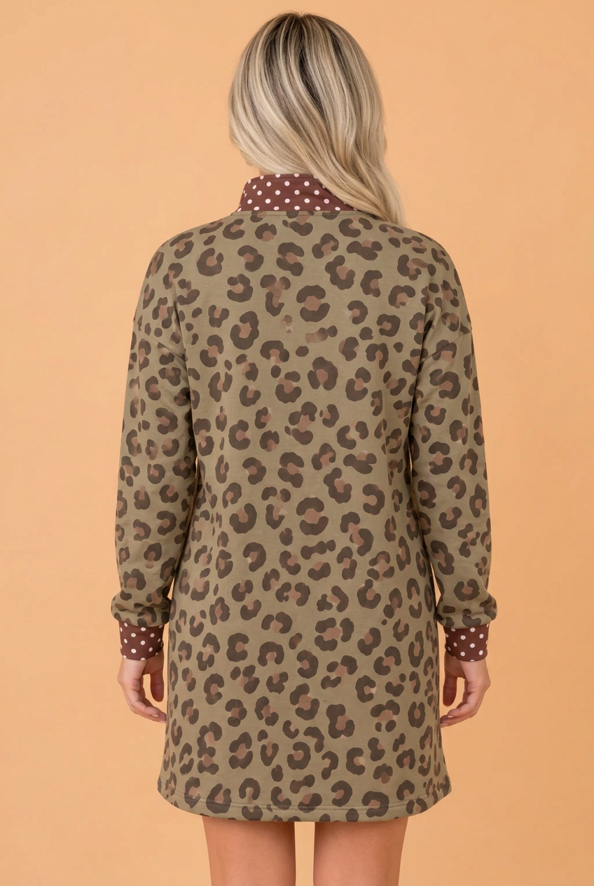 Leopard Polka Dot Patchwork Long Sleeve Mini Dress