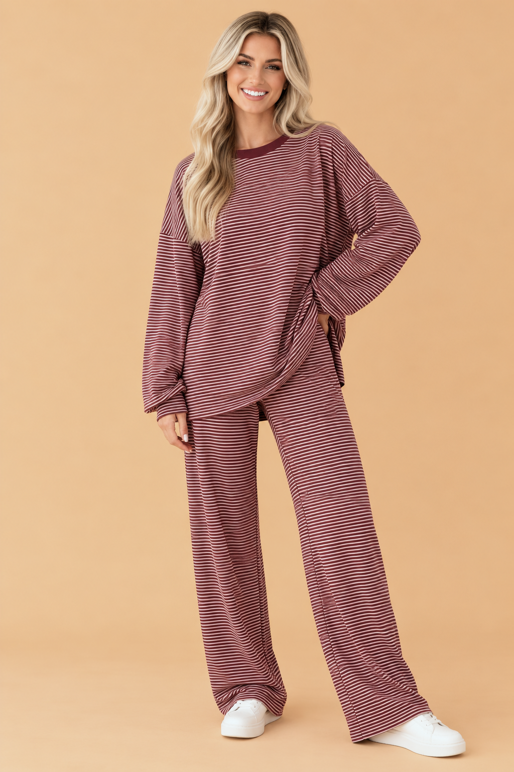 Stripe Contrast Trim Long Sleeve Top & Pant Set