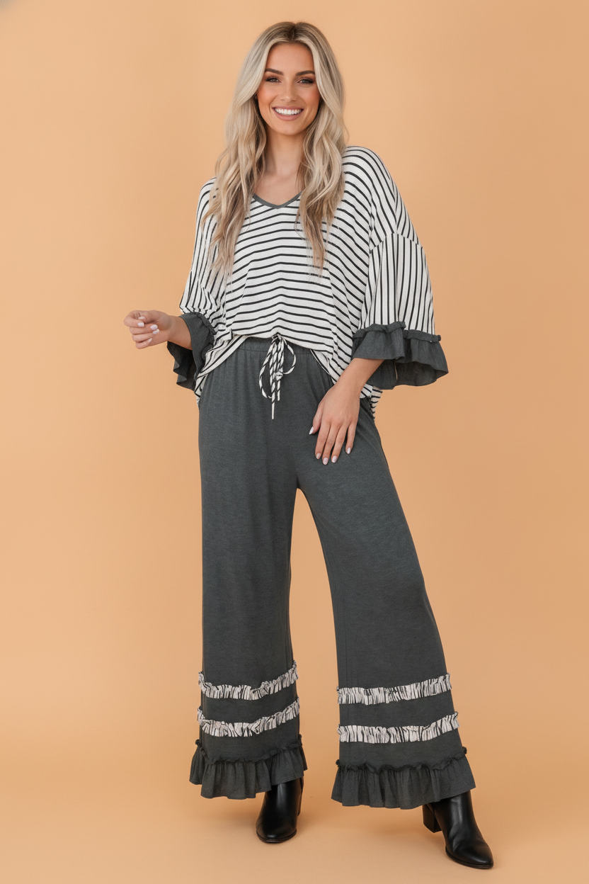 Stripe Ruffle Patchwork V-Neck Top & Pants Set