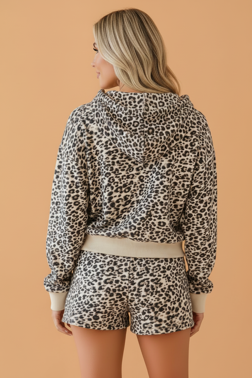 Leopard Zip-Up Hoodie & Drawstring Shorts Set