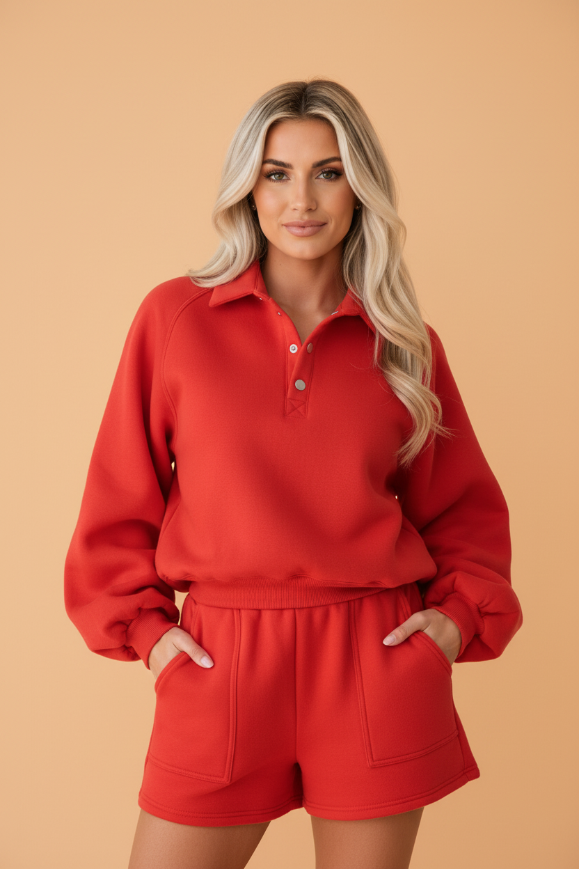 Solid Half Button Puff Sleeve Polo Top & Shorts Set