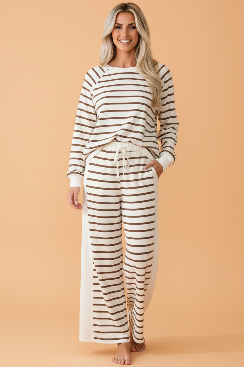 Stripe Colorblock Long Sleeve Top & Drawstring Pants Set